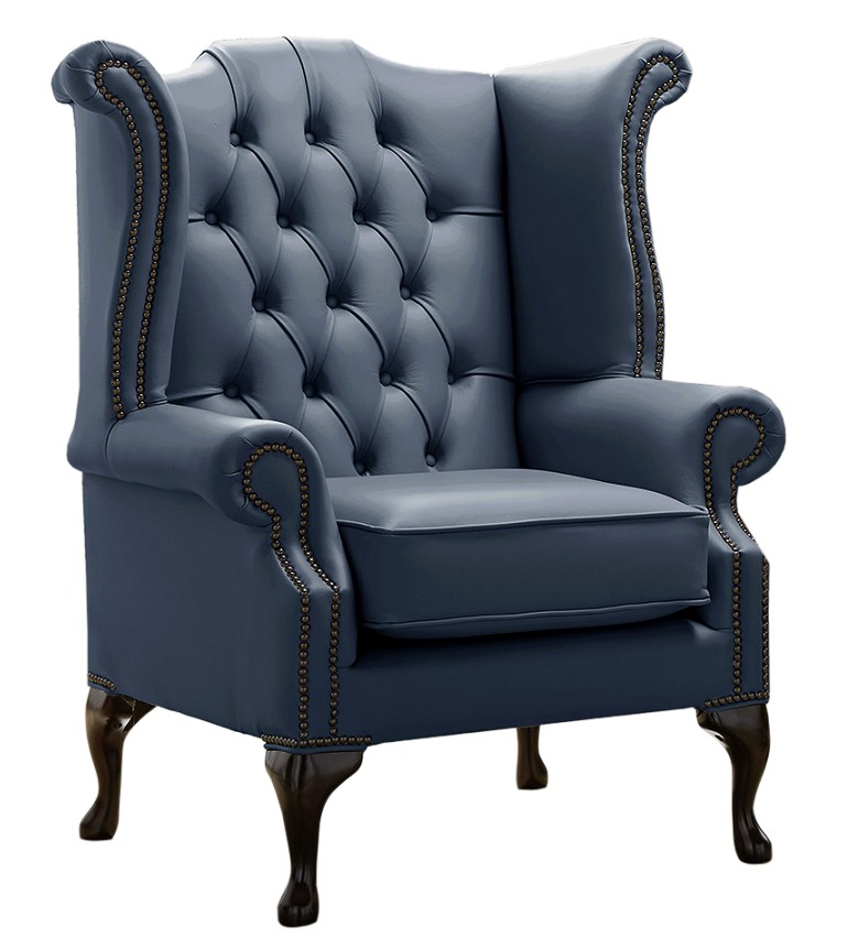 Product photograph of Chesterfield High Back Wing Chair Shelly Suffolk Blue Leather Bespoke In Queen Anne Style from Chesterfield Sofas
