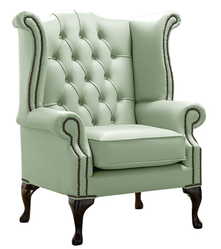 Product photograph of Chesterfield High Back Wing Chair Shelly Thyme Green Leather Bespoke In Queen Anne Style from Chesterfield Sofas