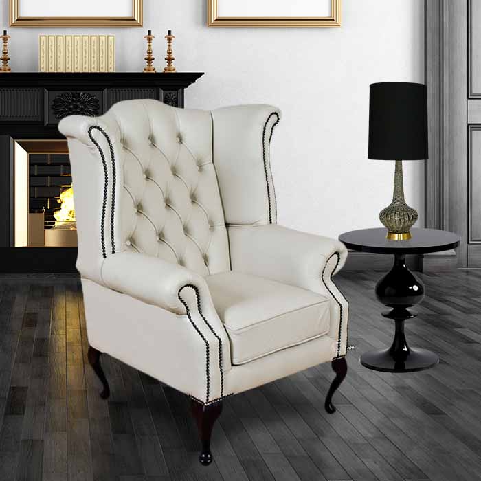 Product photograph of Chesterfield High Back Wing Chair Shelly White Real Leather Bespoke In Queen Anne Style from Chesterfield Sofas