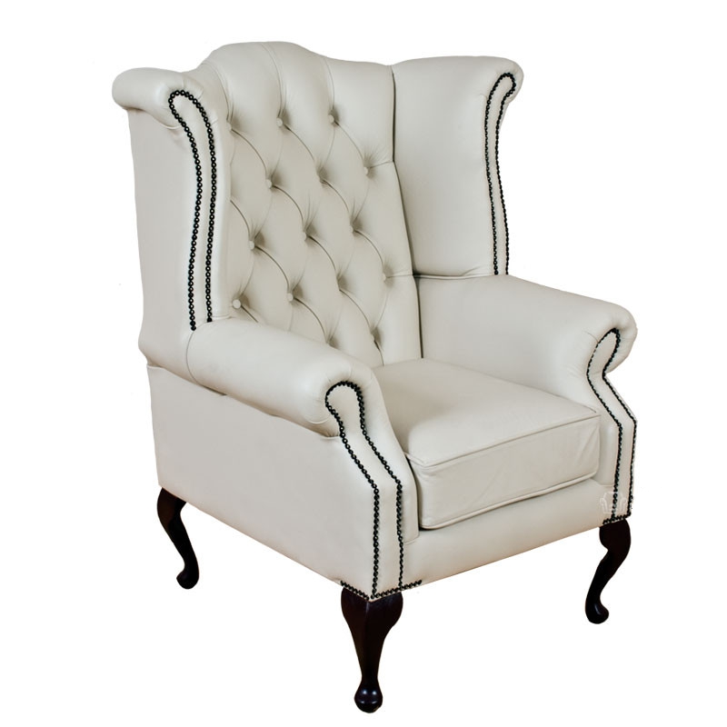 Product photograph of Chesterfield High Back Wing Chair Shelly White Real Leather Bespoke In Queen Anne Style from Chesterfield Sofas.