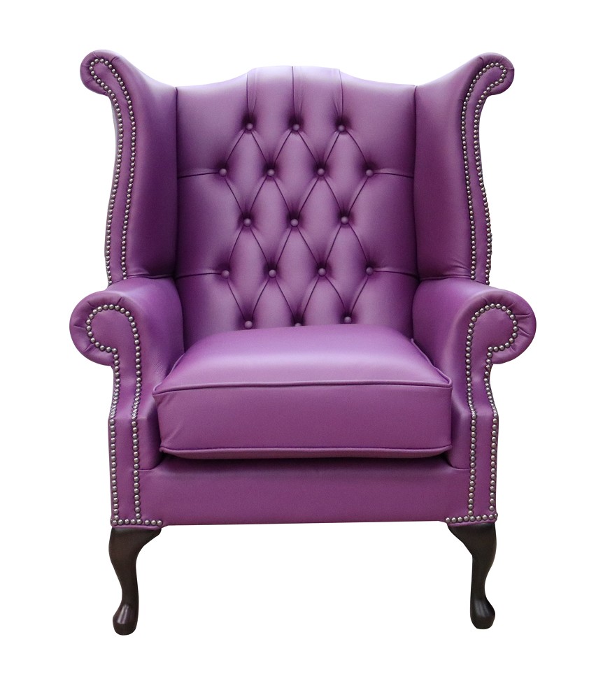 Product photograph of Chesterfield High Back Wing Chair Shelly Wineberry Purple Real Leather Bespoke In Queen Anne Style from Chesterfield Sofas