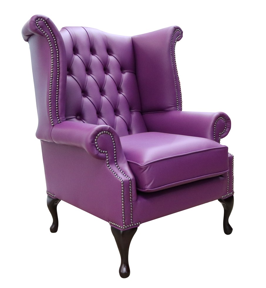 Product photograph of Chesterfield High Back Wing Chair Shelly Wineberry Purple Real Leather Bespoke In Queen Anne Style from Chesterfield Sofas.