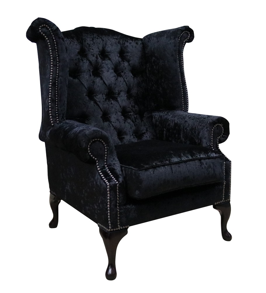 Product photograph of Chesterfield High Back Wing Chair Shimmer Black Real Velvet Bespoke In Queen Anne Style from Chesterfield Sofas