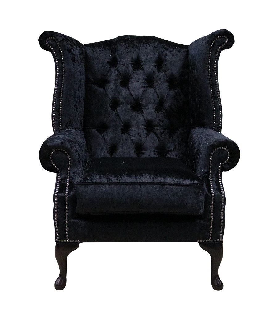 Product photograph of Chesterfield High Back Wing Chair Shimmer Black Real Velvet Bespoke In Queen Anne Style from Chesterfield Sofas.