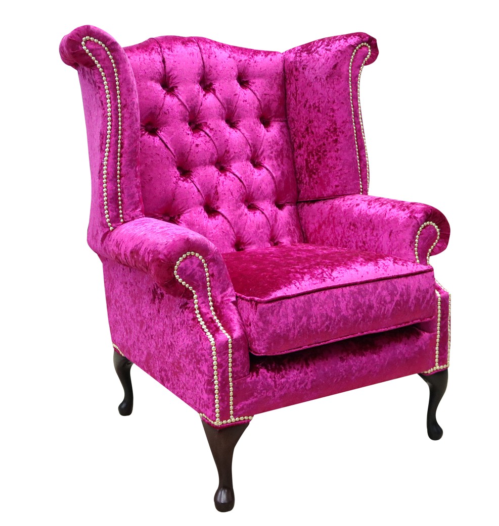 Product photograph of Chesterfield High Back Wing Chair Shimmer Fuchsia Velvet Bespoke In Queen Anne Style from Chesterfield Sofas