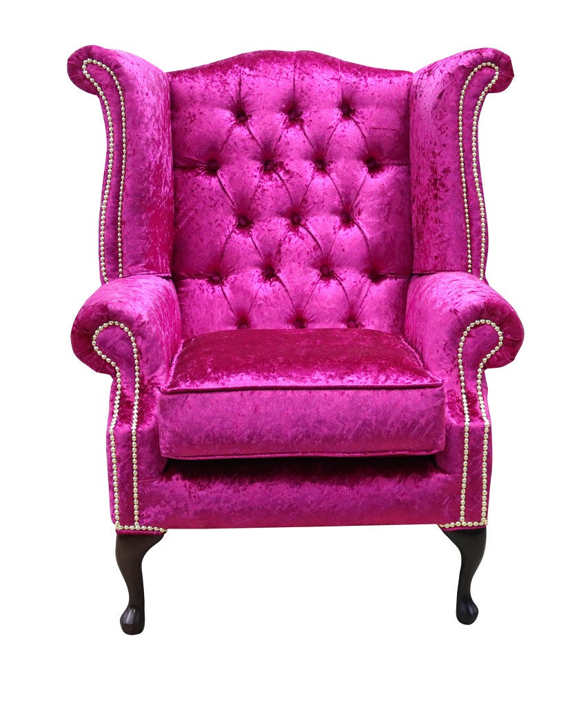 Product photograph of Chesterfield High Back Wing Chair Shimmer Fuchsia Velvet Bespoke In Queen Anne Style from Chesterfield Sofas.