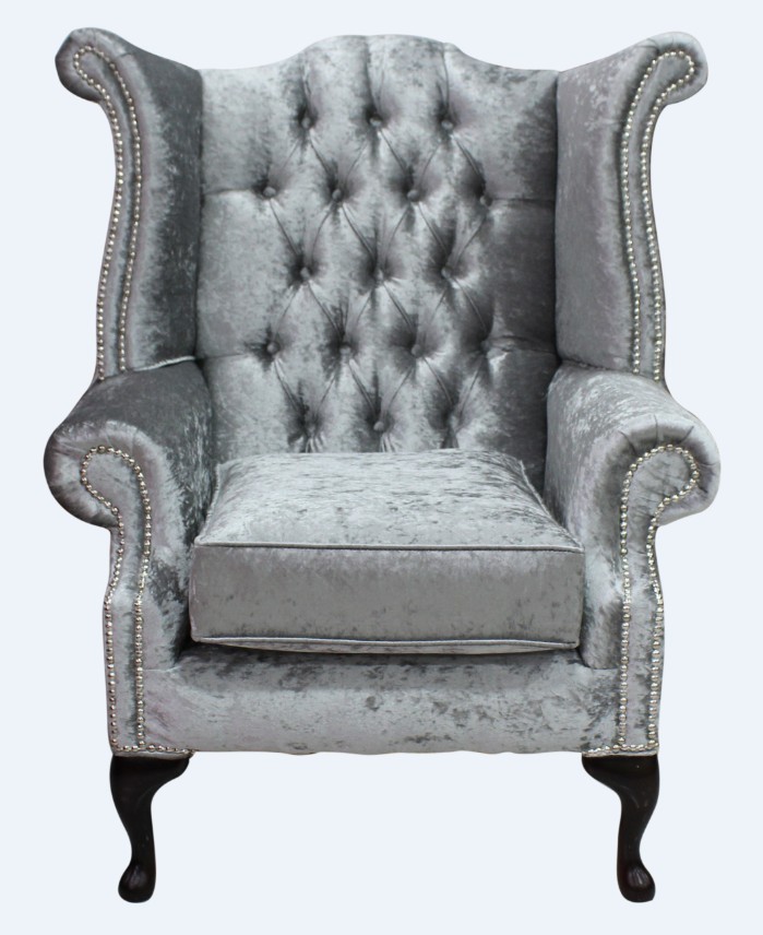 Product photograph of Chesterfield High Back Wing Chair Shimmer Silver Velvet Bespoke In Queen Anne Style from Chesterfield Sofas.