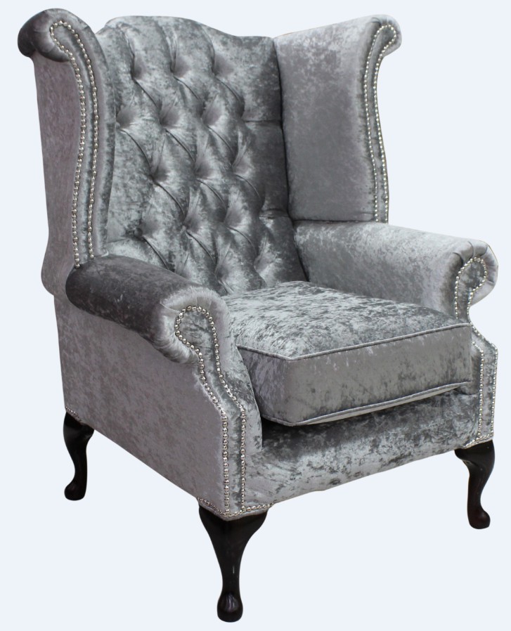 Product photograph of Chesterfield High Back Wing Chair Shimmer Silver Velvet Bespoke In Queen Anne Style from Chesterfield Sofas