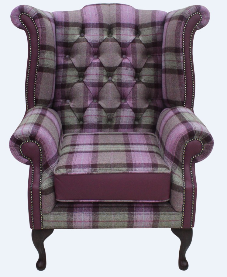 Product photograph of Chesterfield High Back Wing Chair Skye Amethyst Leather Wool Tweed Check In Queen Anne Style from Chesterfield Sofas.