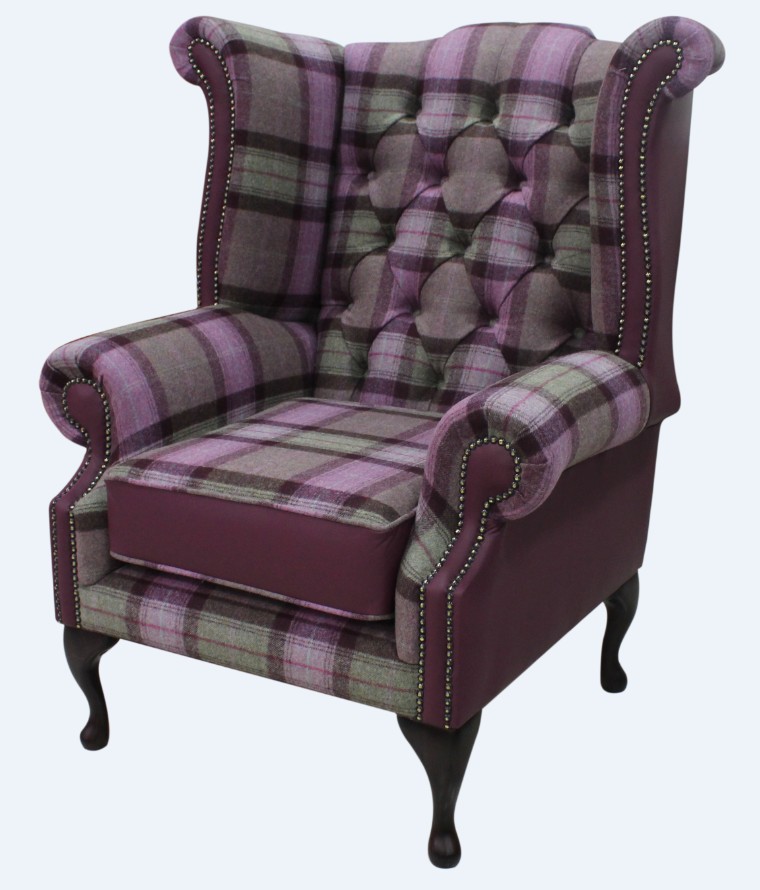 Product photograph of Chesterfield High Back Wing Chair Skye Amethyst Leather Wool Tweed Check In Queen Anne Style from Chesterfield Sofas.
