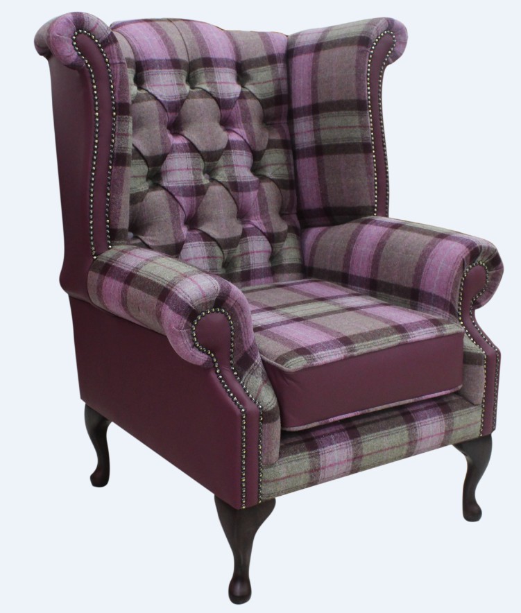 Product photograph of Chesterfield High Back Wing Chair Skye Amethyst Leather Wool Tweed Check In Queen Anne Style from Chesterfield Sofas