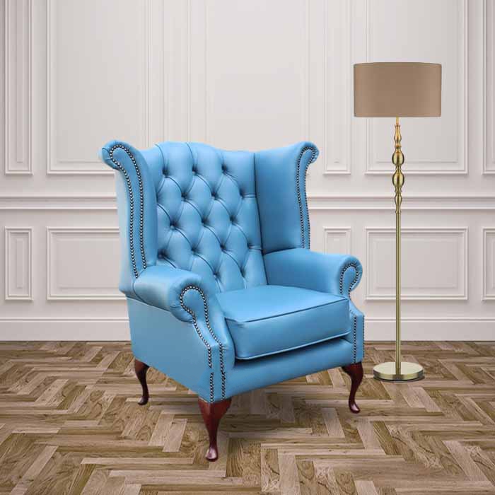 Product photograph of Chesterfield High Back Wing Chair Soft Vele Cambridge Blue Leather In Queen Anne Style from Chesterfield Sofas