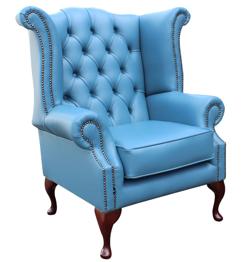 Product photograph of Chesterfield High Back Wing Chair Soft Vele Cambridge Blue Leather In Queen Anne Style from Chesterfield Sofas.