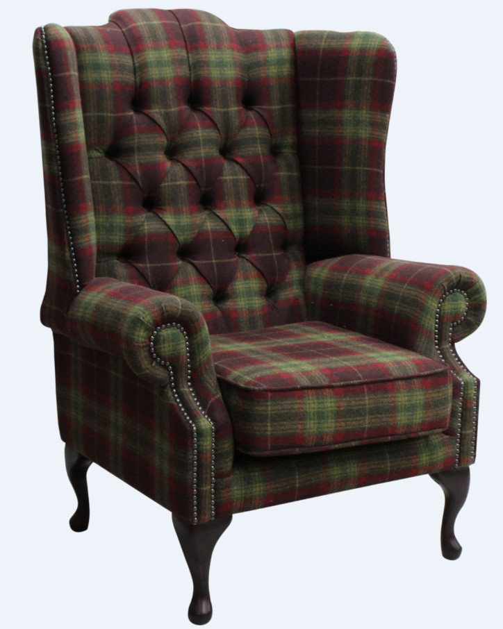 Product photograph of Chesterfield High Back Wing Chair Threshfield Tourmaline Check Tweed Wool In Mallory Style from Chesterfield Sofas