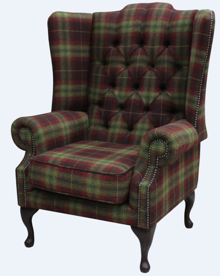 Product photograph of Chesterfield High Back Wing Chair Threshfield Tourmaline Check Tweed Wool In Mallory Style from Chesterfield Sofas.