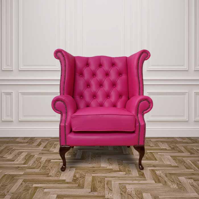 Product photograph of Chesterfield High Back Wing Chair Vele Fuchsia Pink Leather Bespoke In Queen Anne Style from Chesterfield Sofas