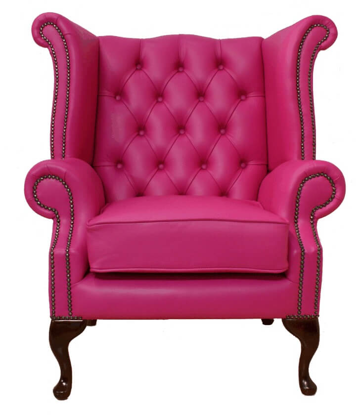 Product photograph of Chesterfield High Back Wing Chair Vele Fuchsia Pink Leather Bespoke In Queen Anne Style from Chesterfield Sofas.