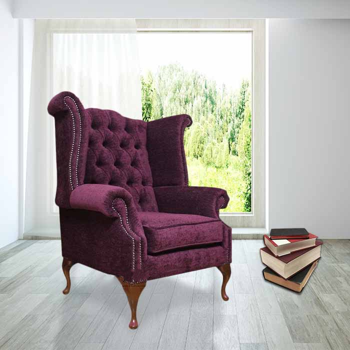 Product photograph of Chesterfield High Back Wing Chair Velluto Aubergine Velvet Fabric In Queen Anne Style from Chesterfield Sofas.