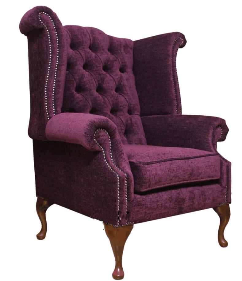 Product photograph of Chesterfield High Back Wing Chair Velluto Aubergine Velvet Fabric In Queen Anne Style from Chesterfield Sofas