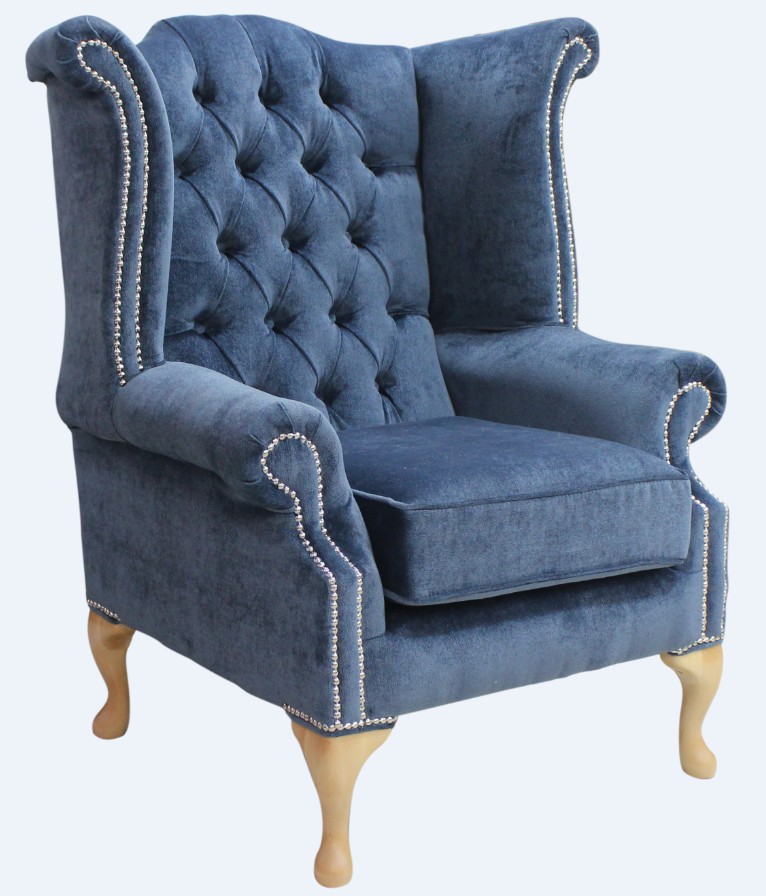 Product photograph of Chesterfield High Back Wing Chair Velluto Blue Fabric Yew Feet In Queen Anne Style from Chesterfield Sofas