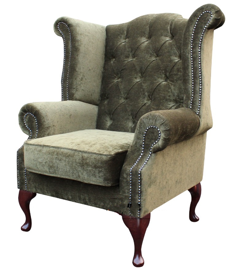 Product photograph of Chesterfield High Back Wing Chair Velluto Moss Green Velvet Fabric In Queen Anne Style from Chesterfield Sofas.