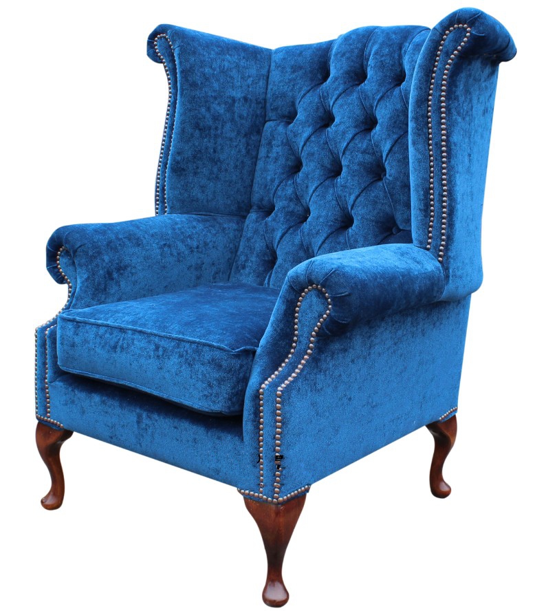 Product photograph of Chesterfield High Back Wing Chair Velluto Royal Blue Fabric In Queen Anne Style from Chesterfield Sofas.