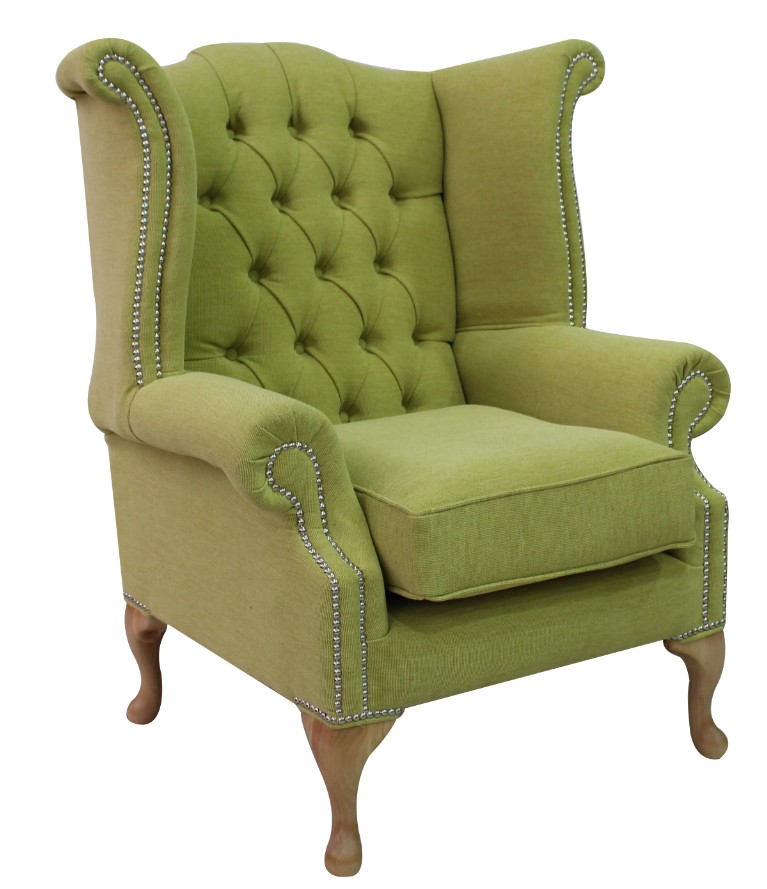 Product photograph of Chesterfield High Back Wing Chair Verity Lime Green Fabric In Queen Anne Style from Chesterfield Sofas