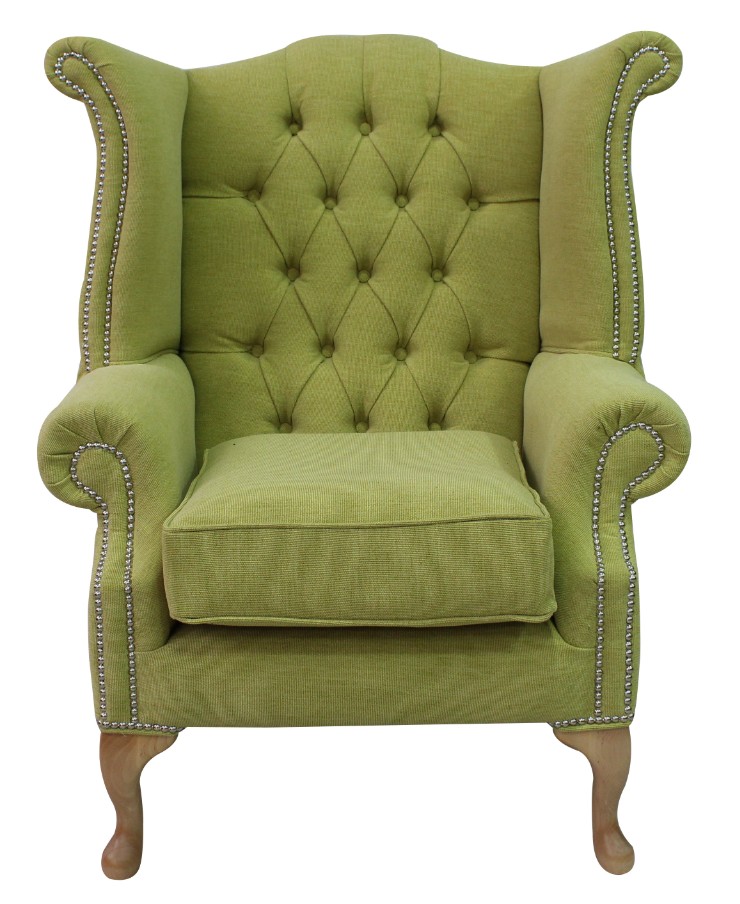 Product photograph of Chesterfield High Back Wing Chair Verity Lime Green Fabric In Queen Anne Style from Chesterfield Sofas.