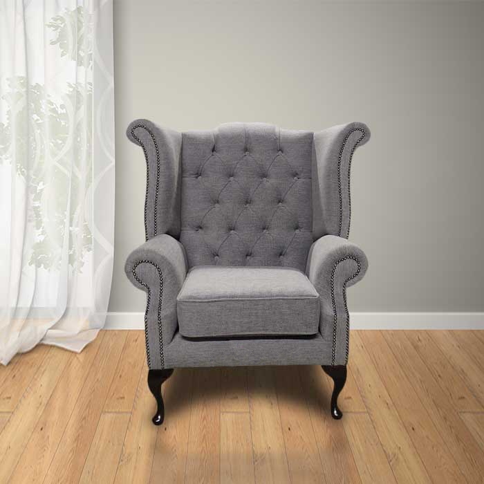 Product photograph of Chesterfield High Back Wing Chair Verity Plain Steel Fabric In Queen Anne Style from Chesterfield Sofas