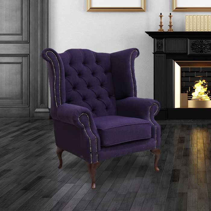 Product photograph of Chesterfield High Back Wing Chair Verity Purple Fabric Bespoke In Queen Anne Style from Chesterfield Sofas