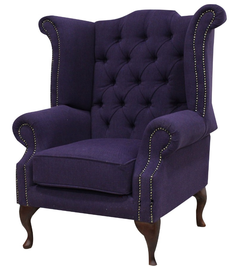 Product photograph of Chesterfield High Back Wing Chair Verity Purple Fabric Bespoke In Queen Anne Style from Chesterfield Sofas.