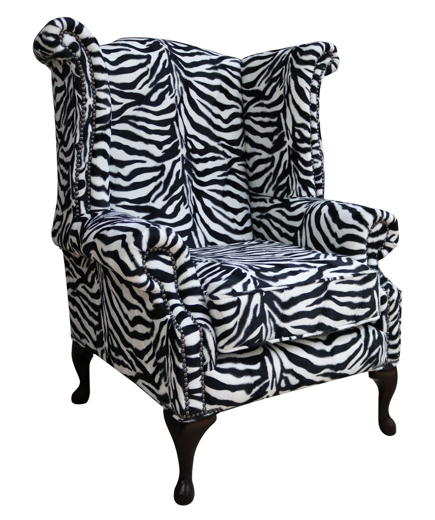 Product photograph of Chesterfield High Back Wing Chair Zebra Animal Print Fabric In Queen Anne Style from Chesterfield Sofas