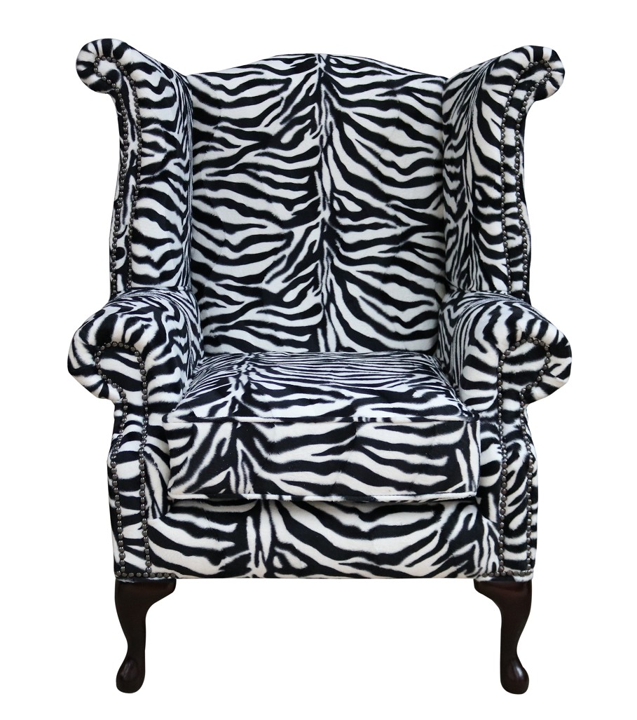Product photograph of Chesterfield High Back Wing Chair Zebra Animal Print Fabric In Queen Anne Style from Chesterfield Sofas.