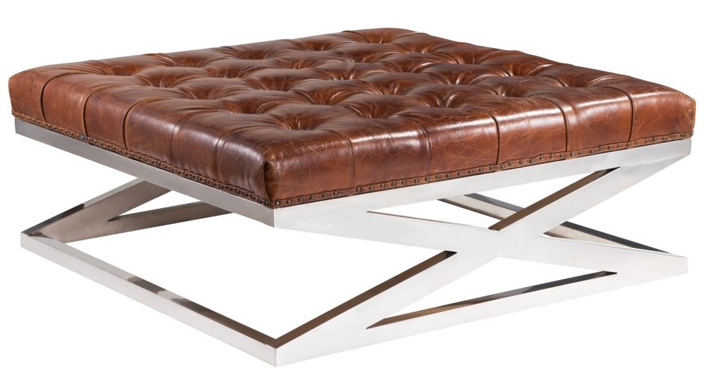 Product photograph of Chesterfield Large Square Metal Criss Cross Footstool Vintage Distressed Brown Real Leather from Chesterfield Sofas
