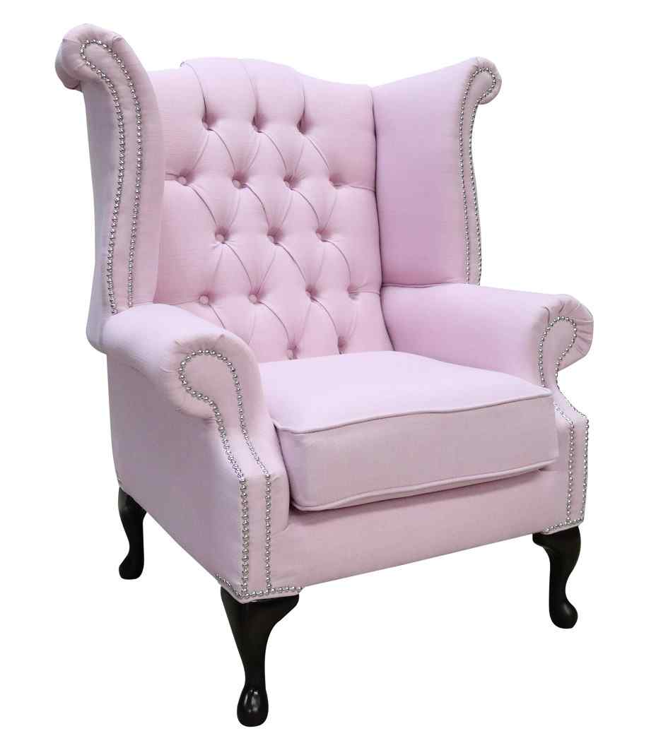 Product photograph of Chesterfield Linen High Back Wing Chair Charles Pink Fabric In Queen Anne Style from Chesterfield Sofas