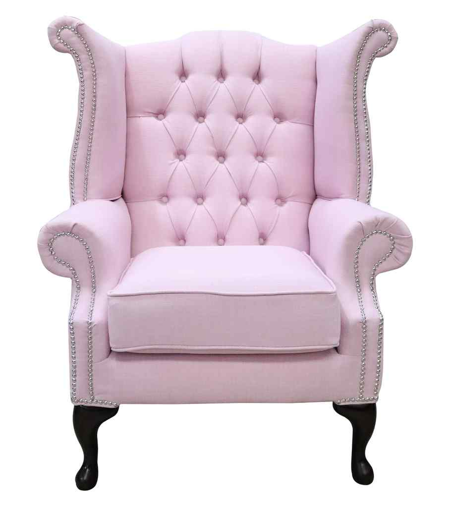 Product photograph of Chesterfield Linen High Back Wing Chair Charles Pink Fabric In Queen Anne Style from Chesterfield Sofas.