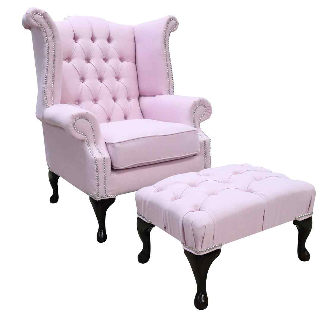 Product photograph of Chesterfield Linen Queen Anne High Back Wing Chair Footstool Charles Pink Fabric from Chesterfield Sofas