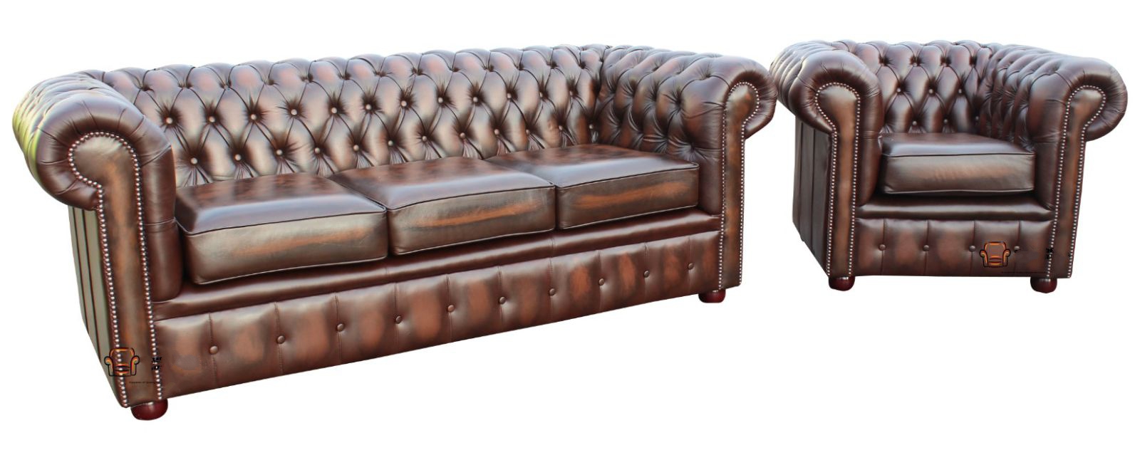 Product photograph of Chesterfield London 3 1 Antique Brown Leather Sofa Suite In Classic Style from Chesterfield Sofas.