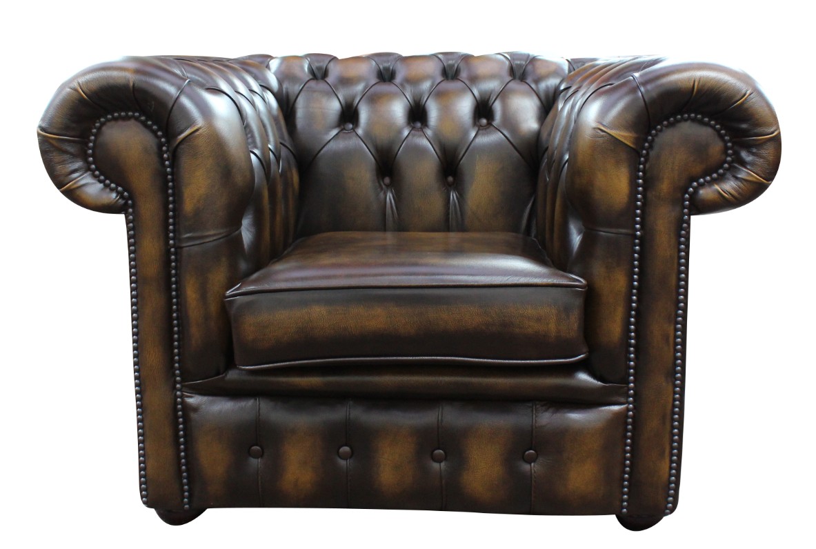 Product photograph of Chesterfield Low Back Club Armchair Antique Gold Real Leather In Classic Style from Chesterfield Sofas