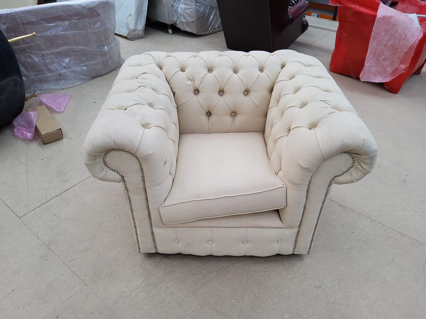 Product photograph of Chesterfield Low Back Club Armchair Charles Cream Real Linen Fabric In Classic Style from Chesterfield Sofas.