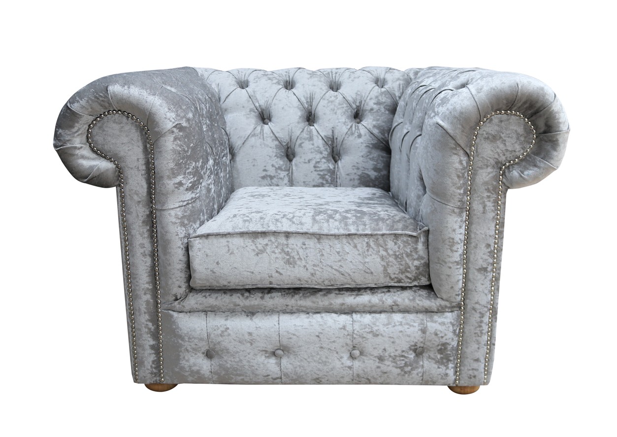 Product photograph of Chesterfield Low Back Club Chair Shimmer Silver Real Velvet Fabric In Classic Style from Chesterfield Sofas