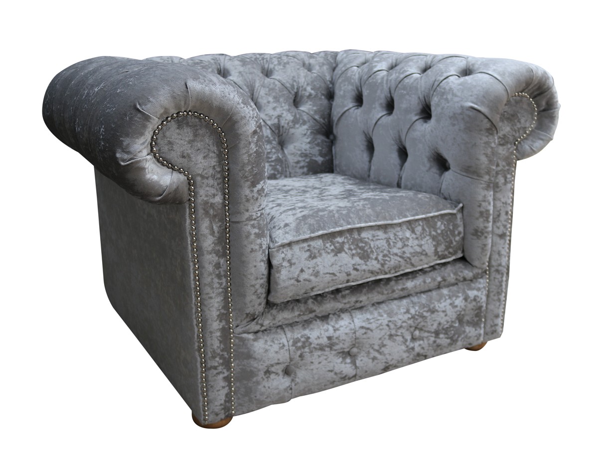 Product photograph of Chesterfield Low Back Club Chair Shimmer Silver Real Velvet Fabric In Classic Style from Chesterfield Sofas.