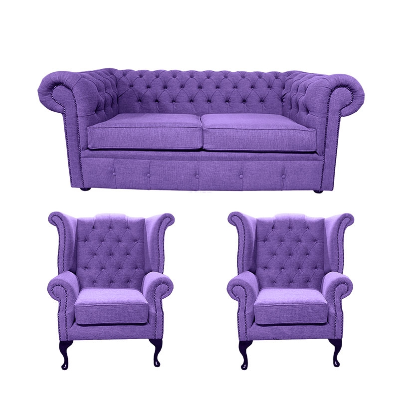 Product photograph of Chesterfield Original 2 Seater 2 X Queen Anne Chairs Verity Purple Fabric Sofa Suite from Chesterfield Sofas