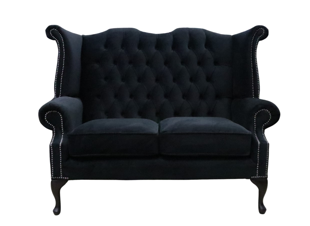 Product photograph of Chesterfield Original 2 Seater High Back Sofa Amalfi Black Velvet Fabric In Queen Anne Style from Chesterfield Sofas