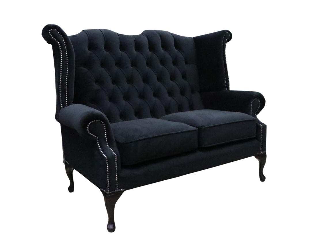 Product photograph of Chesterfield Original 2 Seater High Back Sofa Amalfi Black Velvet Fabric In Queen Anne Style from Chesterfield Sofas.