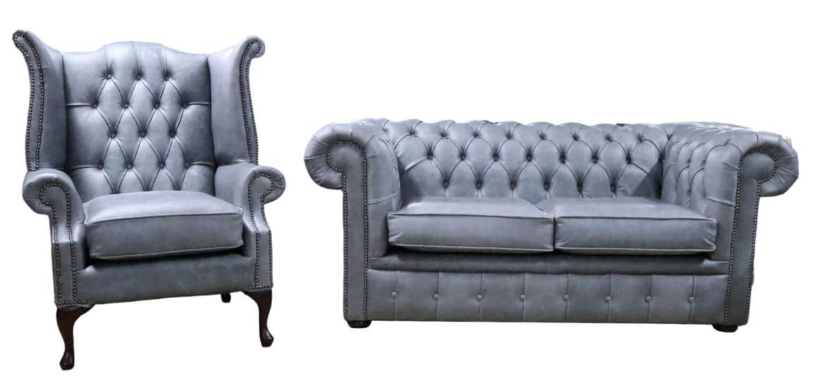 Product photograph of Chesterfield Original 2 Seater Sofa Queen Anne Chair Cracked Wax Ash Grey Real Leather Sofa Suite from Chesterfield Sofas