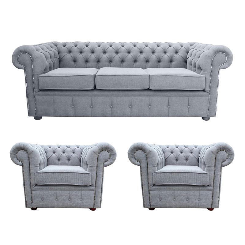 Product photograph of Chesterfield Original 3 Seater 2 X Club Chairs Verity Plain Steel Grey Fabric Sofa Suite from Chesterfield Sofas