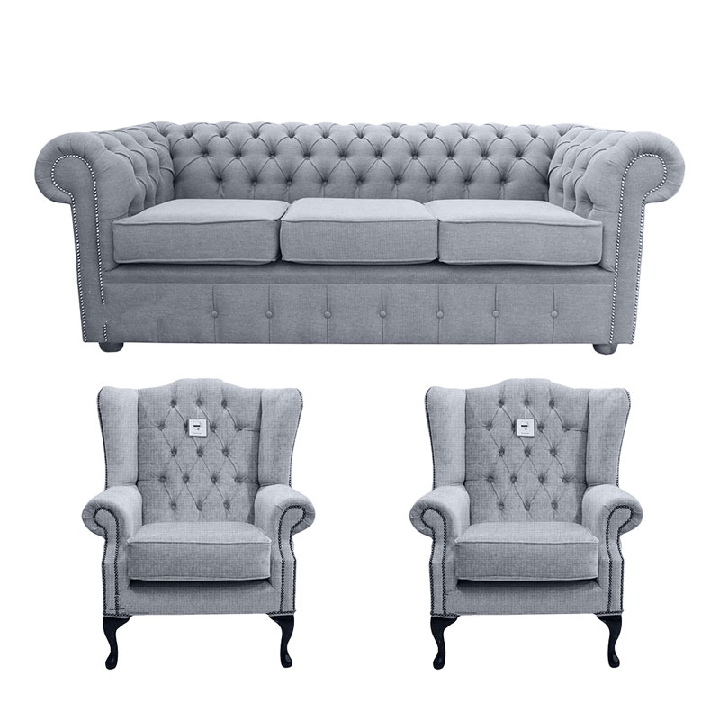 Product photograph of Chesterfield Original 3 Seater 2 X Mallory Chair Verity Plain Steel Grey Fabric Sofa Suite from Chesterfield Sofas