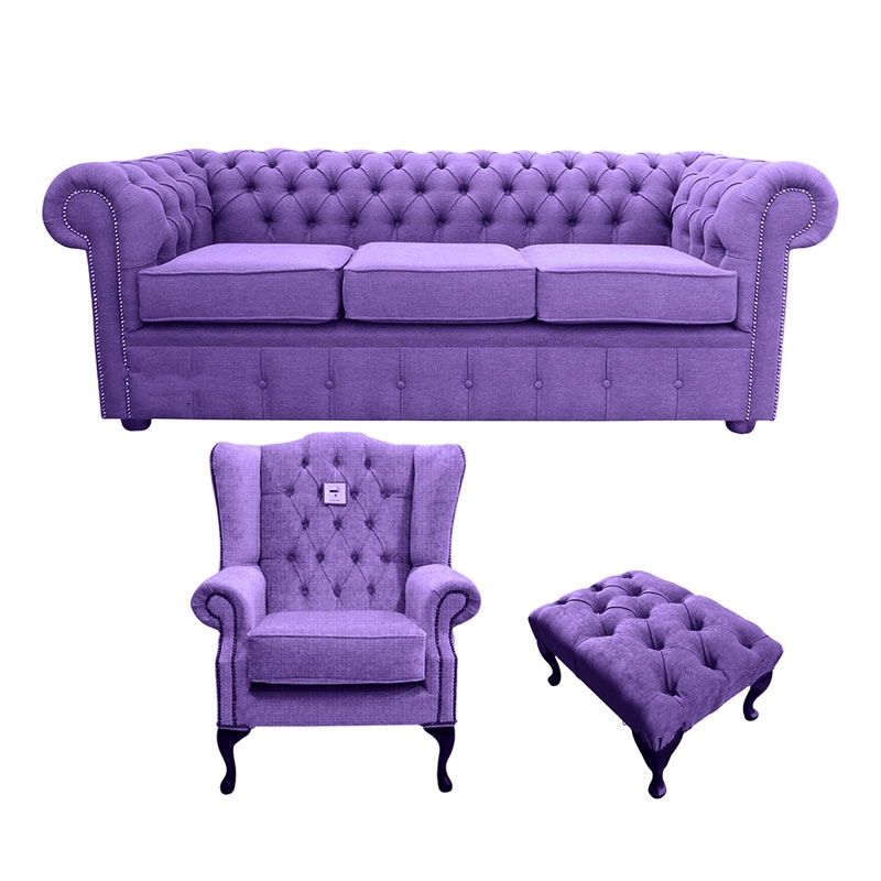 Product photograph of Chesterfield Original 3 Seater Mallory Chair Footstool Verity Purple Fabric Sofa Suite from Chesterfield Sofas