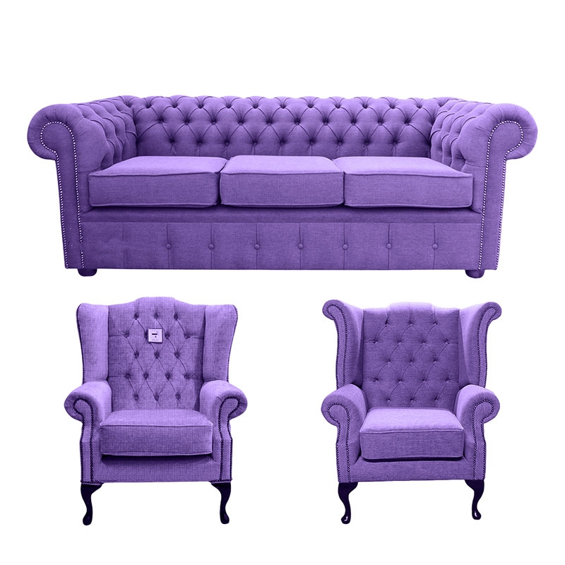 Product photograph of Chesterfield Original 3 Seater Mallory Chair Queen Anne Chair Verity Purple Fabric Sofa Suite from Chesterfield Sofas